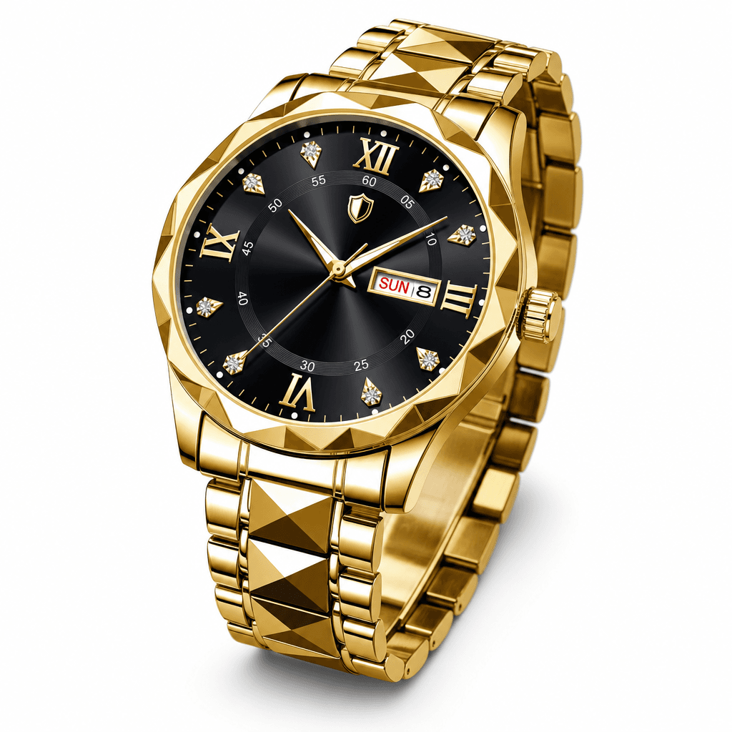 Faceted Bezel Day-Date Watch — Gold in Gold