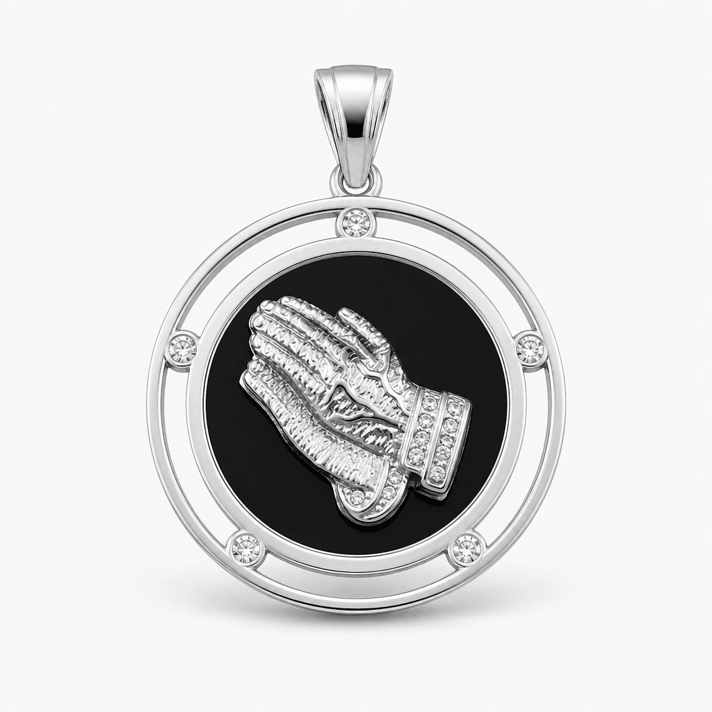 Praying Hands Circle Pendant in Silver