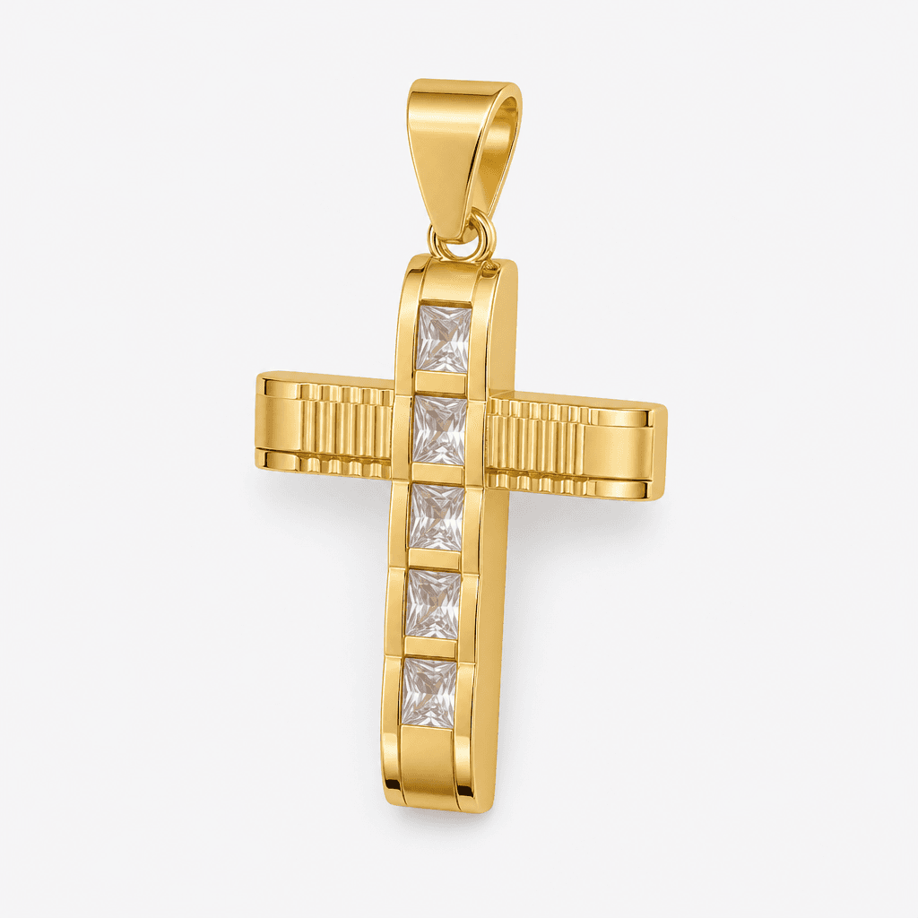 Ribbed Channel Cross Pendant in Gold
