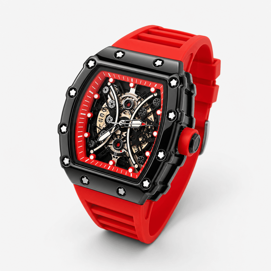 Tonneau Skeleton Sport Watch — Red in Red