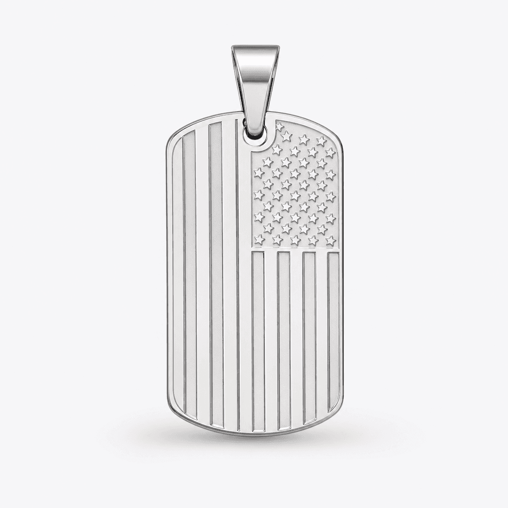 USA Flag Dog Tag Pendant in Silver
