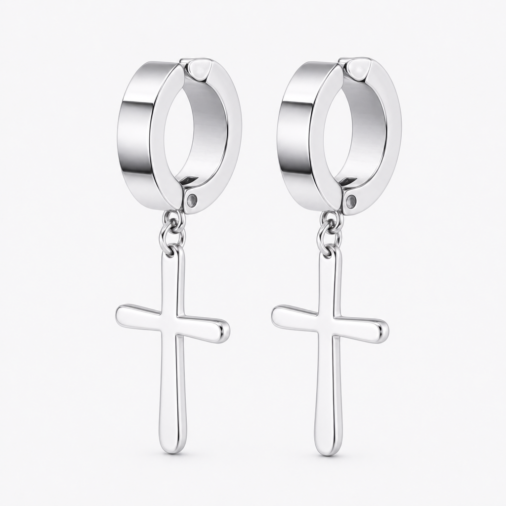 Cross Dangle Clip-On Earrings — silver