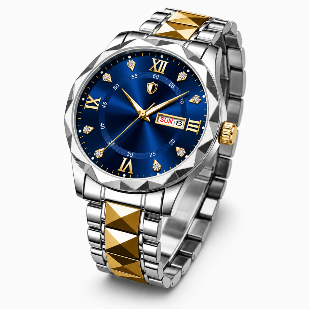 Faceted Bezel Day-Date Watch — Blue — blue
