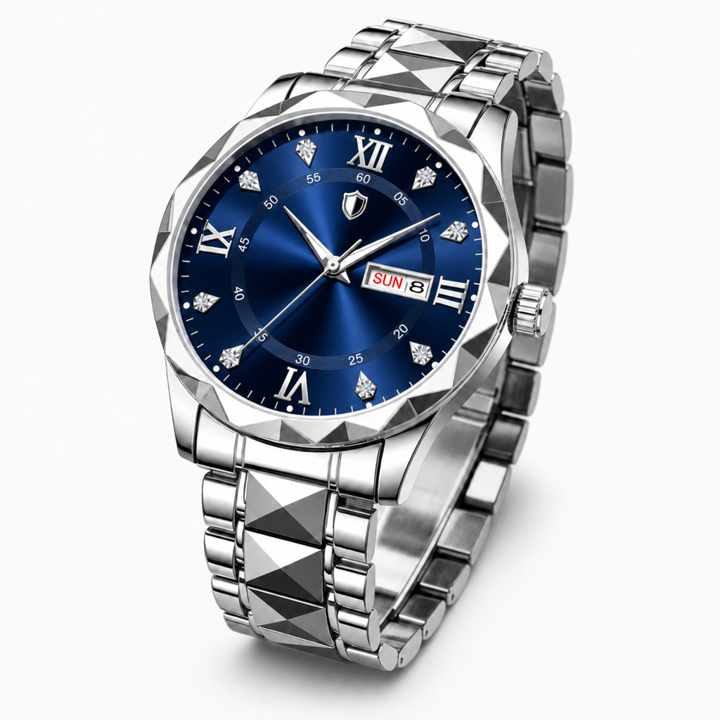 Faceted Bezel Day-Date Watch — Silver — silver