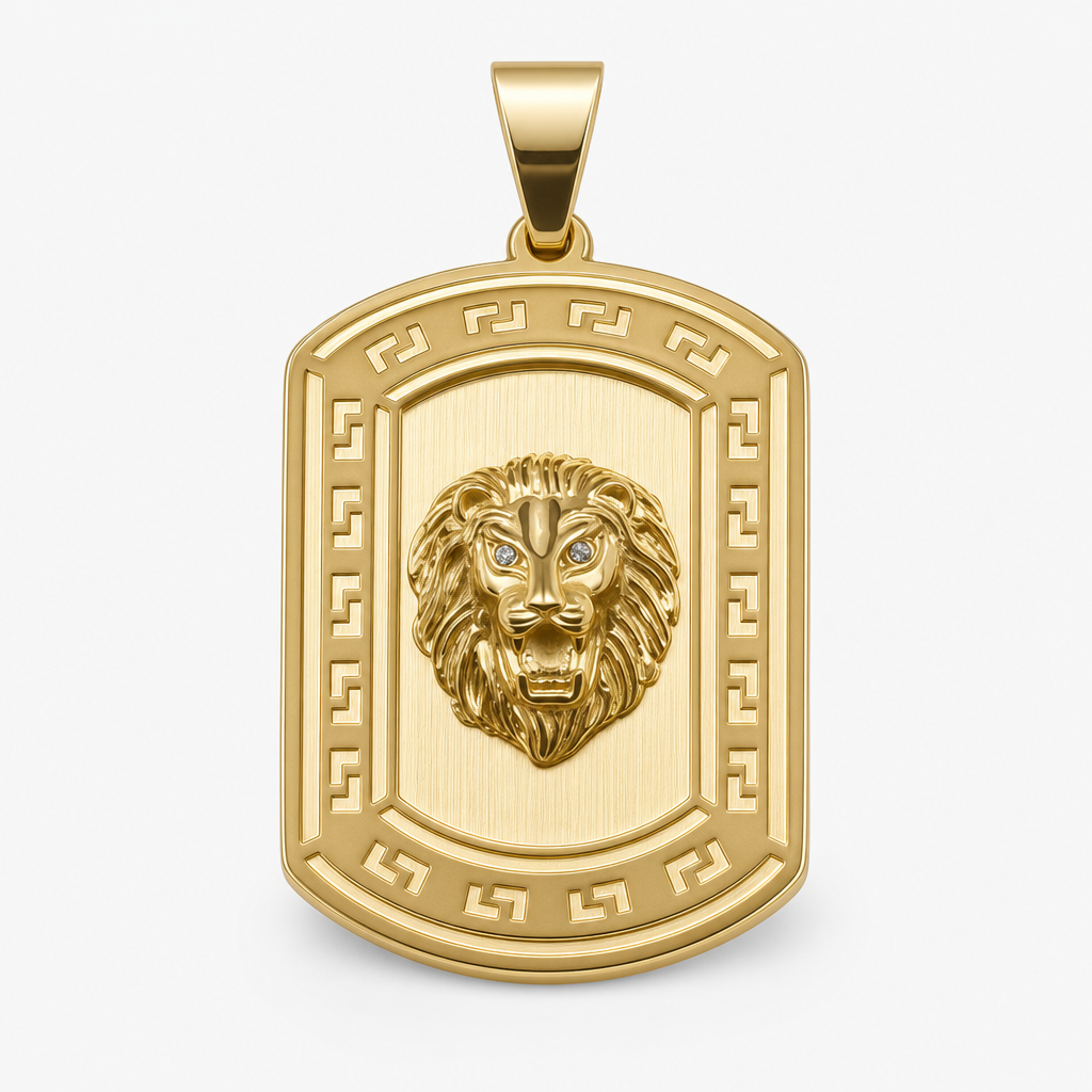 Lion Greek Key Dog Tag Pendant — gold