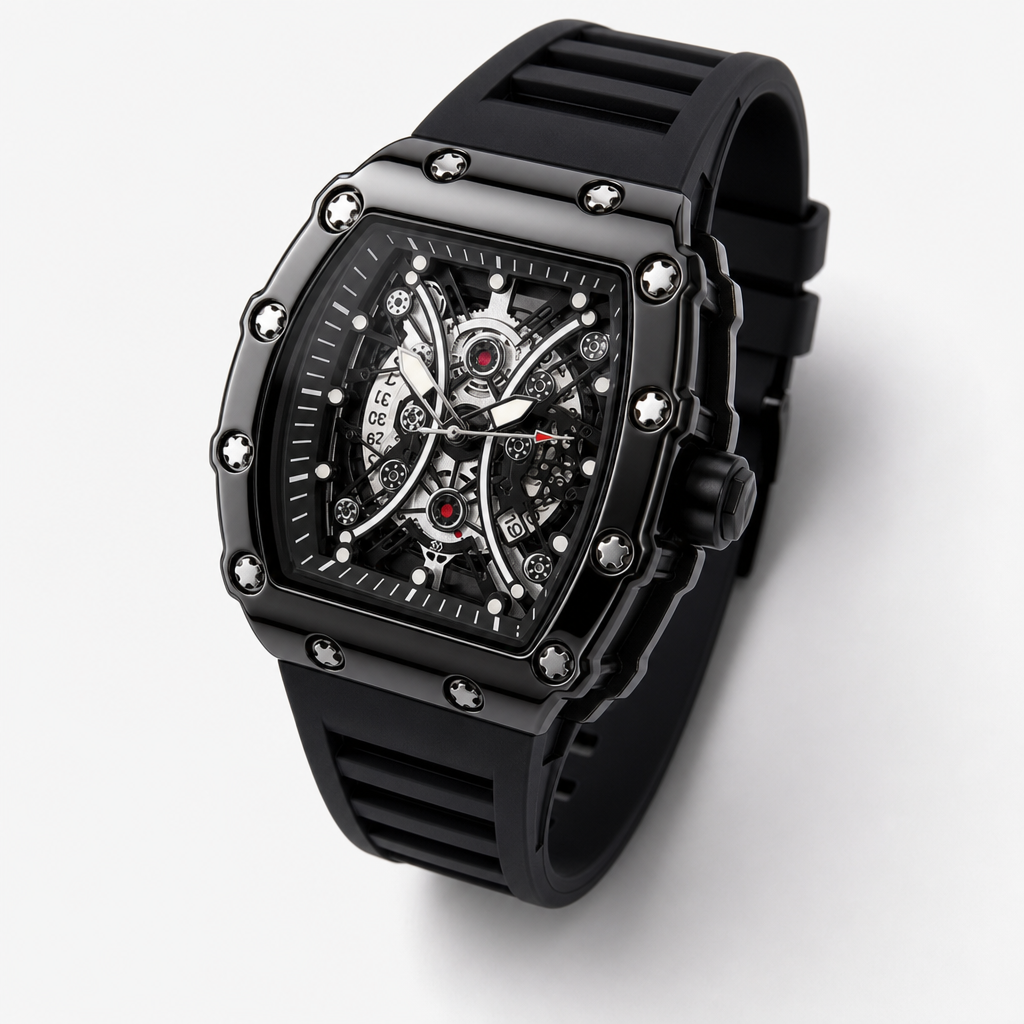 Tonneau Skeleton Sport Watch — Black — black