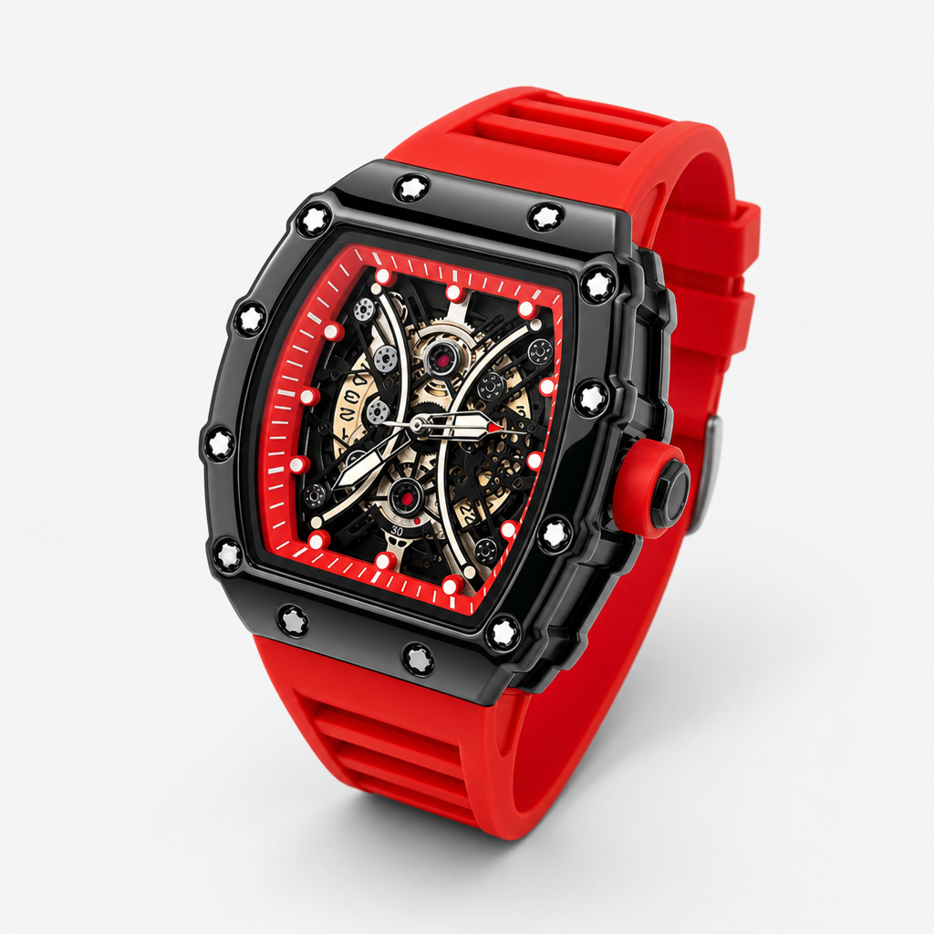 Tonneau Skeleton Sport Watch — Red — red