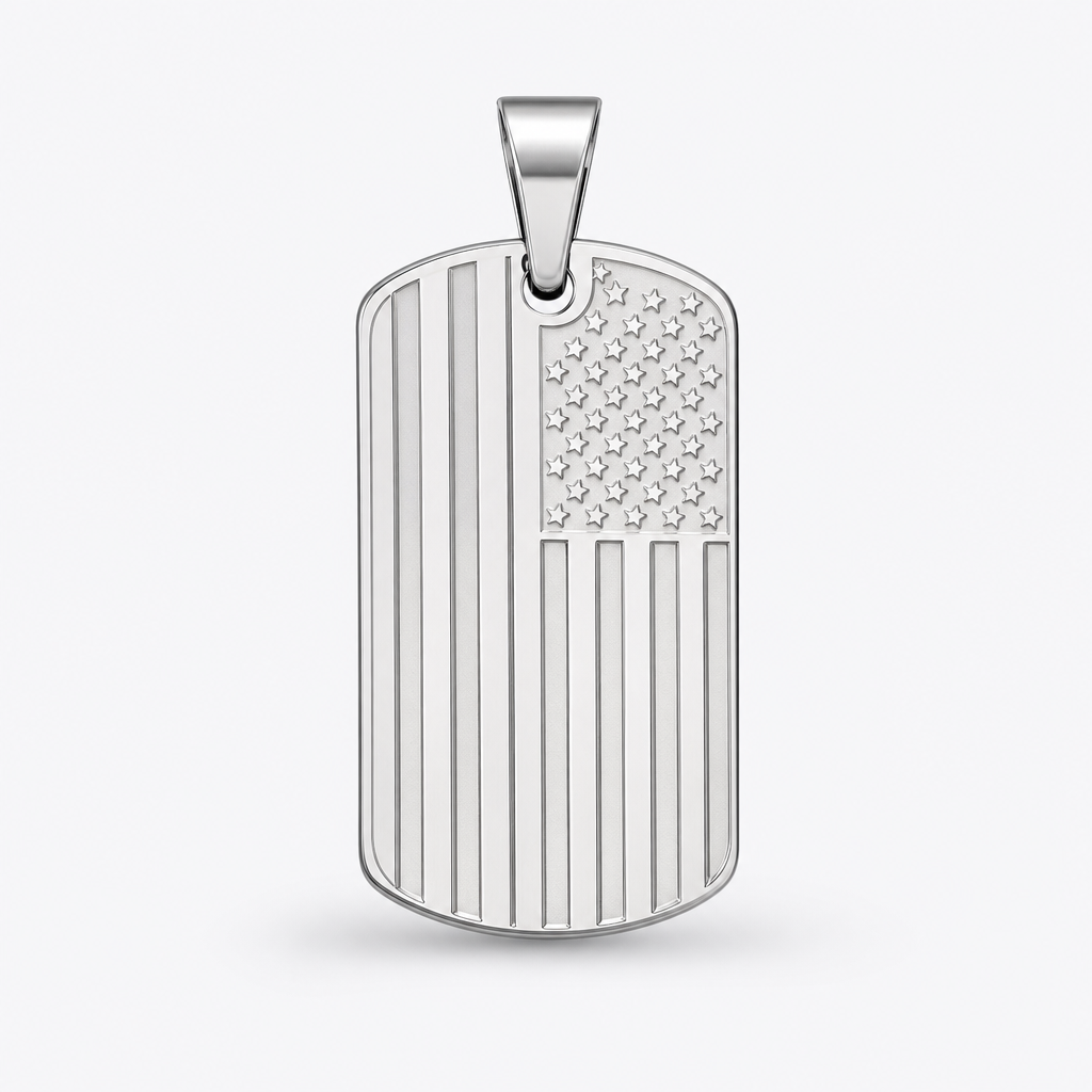 USA Flag Dog Tag Pendant — silver